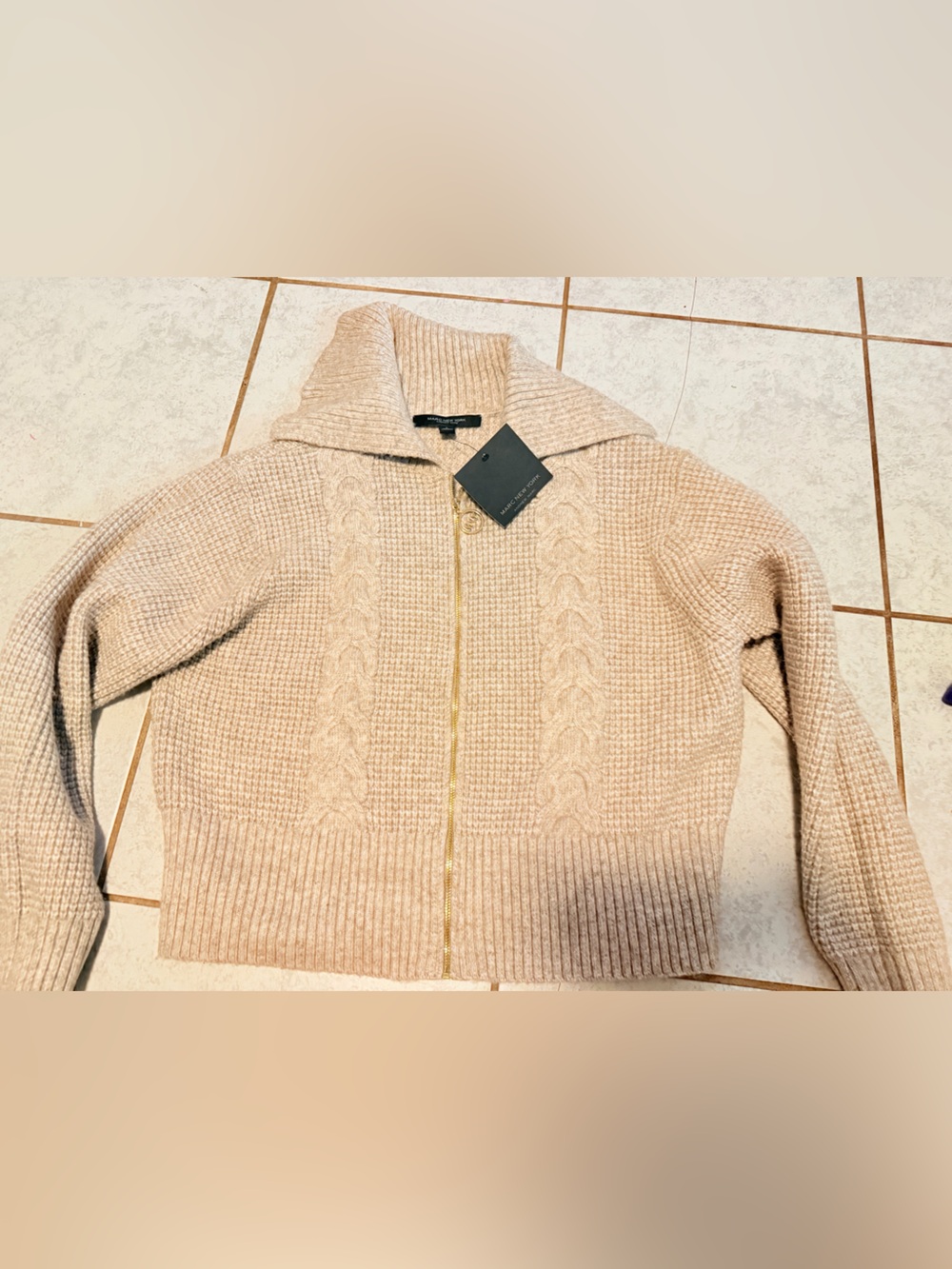 Marc New York Cable Knit Zip-Front Turtleneck Sweater - Beige